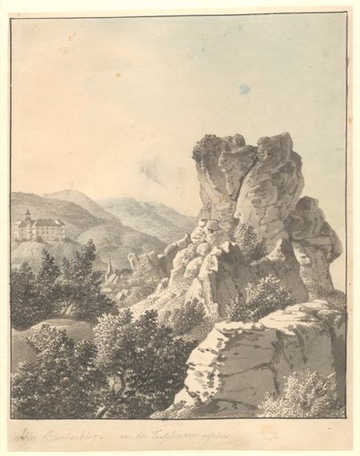 Utsikt fra Harzen, fra Teufelsmauer, Blankenburg-slottet i bakgrunnen av Christoffer Wilhelm Eckersberg