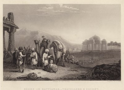 Scene i Kattiawar, reisende og eskorte (gravering) av C. (after) Stanfield