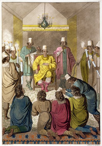 Don Alvaro, kongen av kongoleseren på sin trone, plate 42 fra 'Le Costume Ancien et Moderne' av Jules Ferrario, gravert av A. Biasioli (1790-1830) utgitt ca. 1820-30-tallet av C. Bottigella