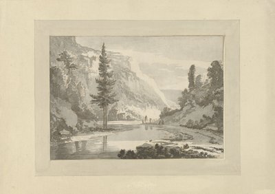 Fjelllandskap med gjetere på en elvebredd av C. Brouwer