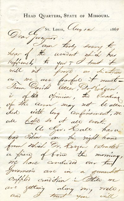 Brev signert C.C. Bailey, Head Quarters, State of Missouri, St. Louis, til guvernør [Hamilton R. Gamble], 12. august 1863 av C. C. Bailey