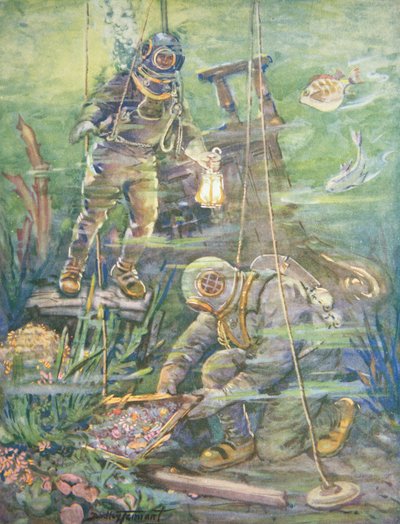 Dykkere i dyphavet finner Sunken Treasure, ca. 1890-tallet (litho-farge) av C. Dudley Tennant