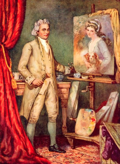 George Romney maler et bilde av Lady Hamilton (farge litho) av C. Dudley Tennant