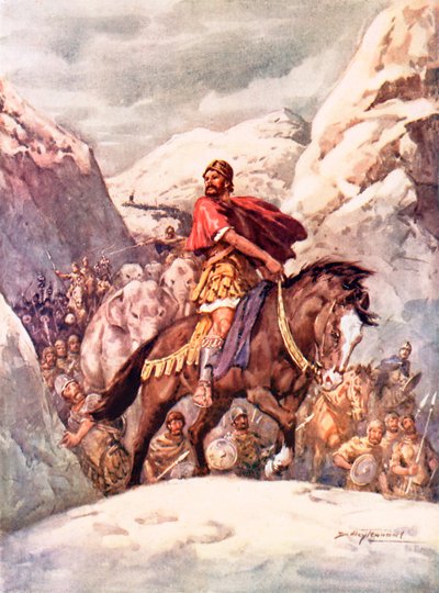 Hannibal krysser de mektige Alpene (farge litho) av C. Dudley Tennant