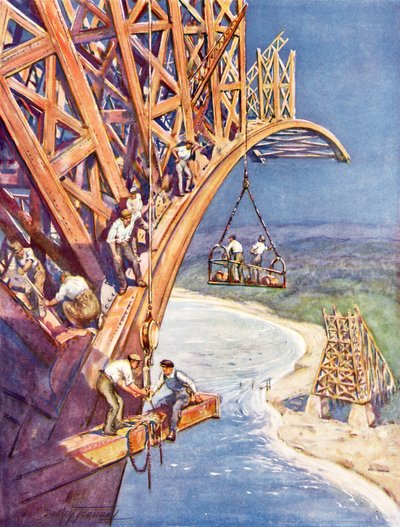 Hvordan brobyggeren gjør sine erobringer (farge litho) av C. Dudley Tennant