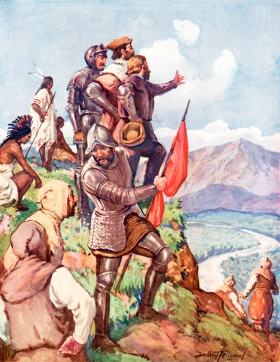 Jacques Cartier hevder Canada for Frankrike (farge litho) av C. Dudley Tennant