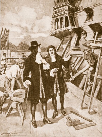 Peter den store i verftet i Deptford (litho) av C. Dudley Tennant