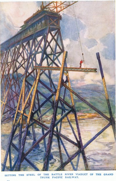Setter stål på Battle River-viadukten til Grand Trunk Pacific Railway av C. Dudley Tennant