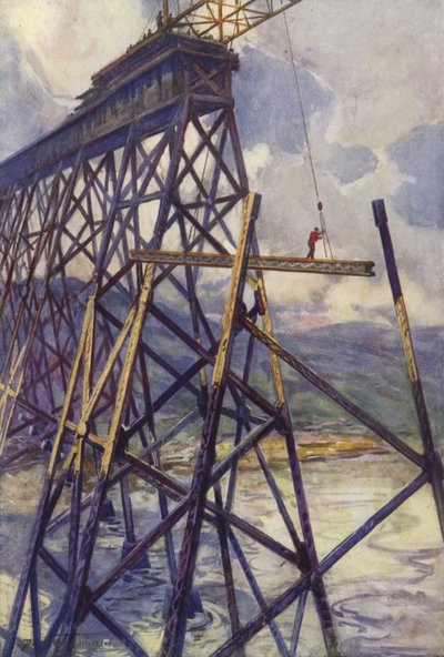 Setter stålet til Battle River Viaduct av Grand Trunk Pacific Railway, Canada (farge litho) av C. Dudley Tennant