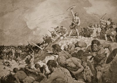 Slaget ved Mons Badonicus, ca. 500 e.Kr., illustrasjon fra 