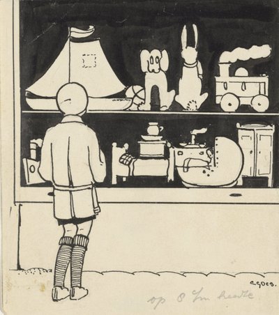 Dick ser på vinduet til en leketøysbutikk av C. Goes (signed by artist)