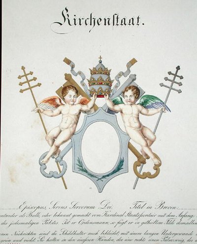 Arms of the Church State of the Vatican, fra en samling av akvareller utgitt i Tyskland, ca. 1830-33 (farge litho) av C. Hildebrandt