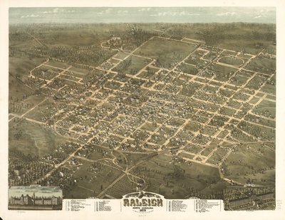 Fugleperspektiv av byen Raleigh, North Carolina 1872. av C. N. Drie