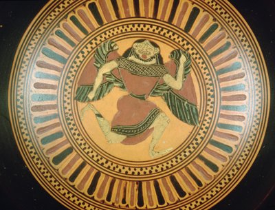 Attisk kopp med svart figur dekorert med en løpende gorgon (keramikk) av C Painter