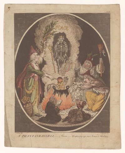 Tegneserie om freden i Amiens, 1802 En Phantasmagoria; - Scene - Trylle frem et væpnet skjelett (tittel på objekt) av C. Starcke