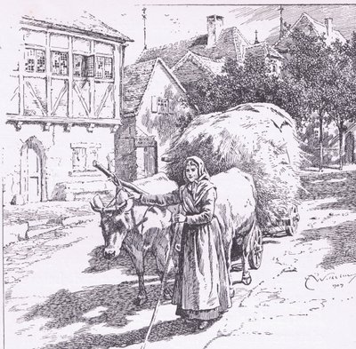 Vogner trukket av okser buldret gjennom de stille gatene, fra The Child of the Air pub. av Duckworth av C. Wilhelm
