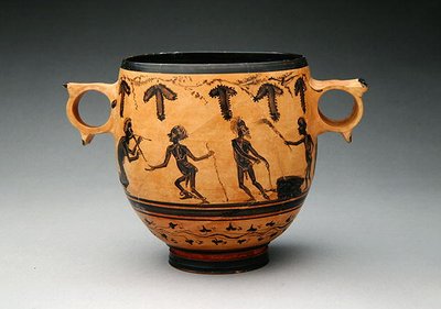 Skyphos med parodiscener, ca. 430-410 f.Kr. (keramikk) (se også 288251) av Cabirian