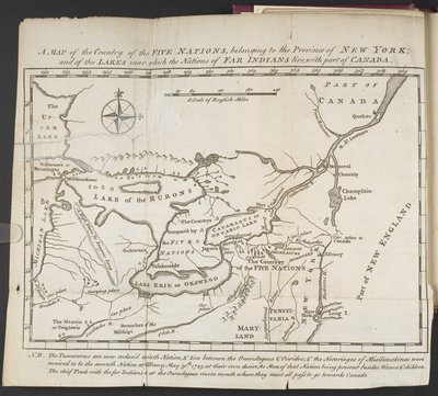 Et kart over landet til de fem nasjonene, som tilhører provinsen New York; og av innsjøene som Nations of Far Indians bor i nærheten av, med en del av Canada av Cadwallader Colden