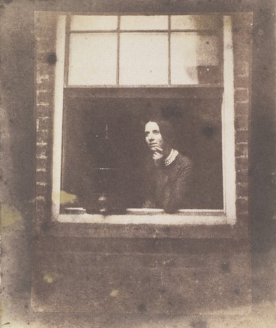 Dame i åpent vindu med fuglebur, sent på 1840-tallet. av Calvert Jones
