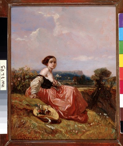 Ung jente i hatten foran Sainte Mountain Victoire-maleriet av Camille Roqueplan (1803-1855) Dim. 18x23 cm Obligatorisk omtale: Samlingsstiftelsen hilsen Provence, Marseille av Camille Joseph Etienne Roqueplan