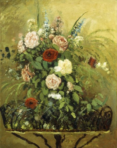 Bukett av blomster med en rustikk tre Jardiniere; Bukett blomster, med rustikk treplantekar, ca. 1876 av Camille Jacob Pissarro