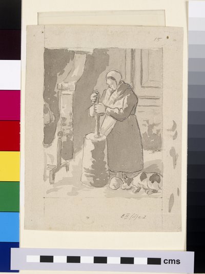 Komposisjonsstudie av en kvinnelig bonde som lager smør (grå vask og kinesisk hvit over svart kritt på papir) av Camille Jacob Pissarro