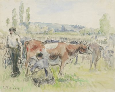 Komposisjonsstudie av en melkescene ved Eragny-sur-Epte, 1884 (akvarell over svart kritt) av Camille Jacob Pissarro