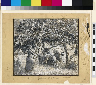 Komposisjonsstudie av kvinnelige bønder som høster epler (penn og indisk blekk med kinesisk hvitt på papir) av Camille Jacob Pissarro
