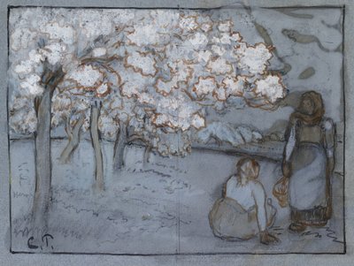 Komposisjonsstudie av to kvinnelige bønder som samtaler i en frukthage, ca. 1894 (rød-brunt og indisk blekk over trekull forsterket med kroppsfarge på blått papir) av Camille Jacob Pissarro