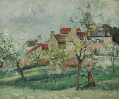 Blomstrende Plomme Tress, Pontoise; Plommetrær i blomst, Pontoise, ca. 1876 av Camille Jacob Pissarro