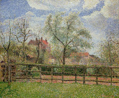Pæretrær og blomster i Eragny, morgen, 1886 av Camille Jacob Pissarro