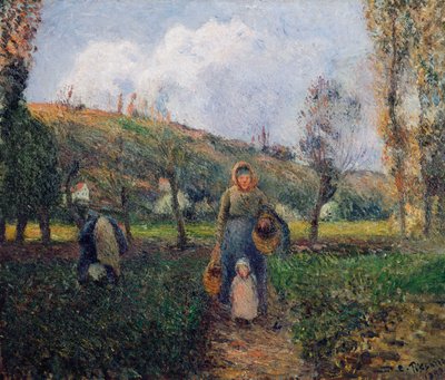 Bonde og barn på vei tilbake fra markene, Pontoise; Bondekvinne og barn som vender tilbake fra markene, Pontoise, 1882 av Camille Jacob Pissarro