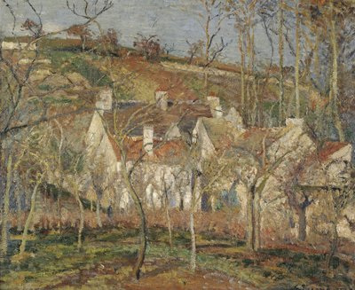 Røde tak, hjørnet av en landsby, vinter, 1877 av Camille Jacob Pissarro