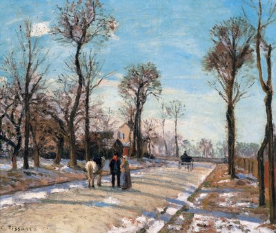 Veien til Versailles, Louveciennes, vintersol og snø, ca. 1870 av Camille Jacob Pissarro
