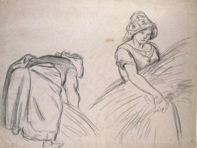 Study of Two Female Harvesters, 1882 (svart kritt på rosa papir med hvitt) av Camille Jacob Pissarro