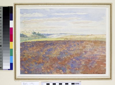 Studie av et landskap med pløyd åker, Eragny-sur-Epte, ca. 1887-89 (wc på papir) av Camille Jacob Pissarro
