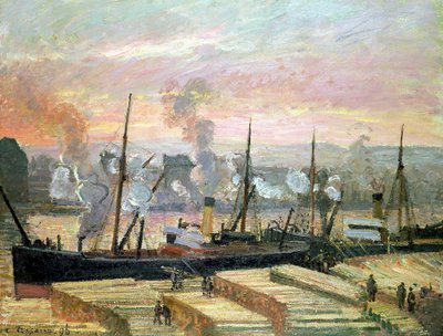 Solnedgang ved Rouen, Boats Lossing Wood, 1896 av Camille Jacob Pissarro