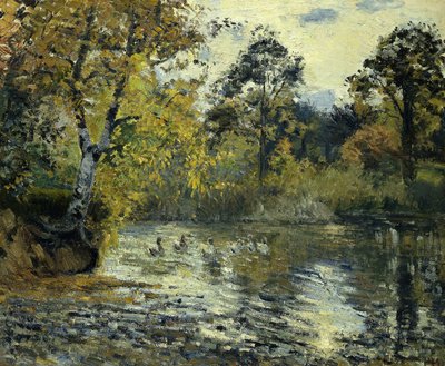 Dammen ved Montfoucault; L"Etang de Montfoucault, 1874 av Camille Jacob Pissarro
