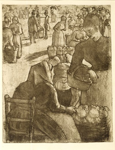 Grønnsaksmarkedet i Pontoise, 1891 (mykmalt etsing og akvatint) av Camille Jacob Pissarro