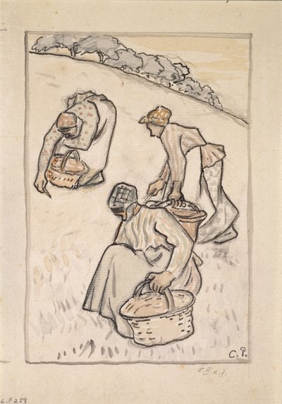 Kvinner som luker gresset (penn og indisk blekk med wc over kull på papir) av Camille Jacob Pissarro
