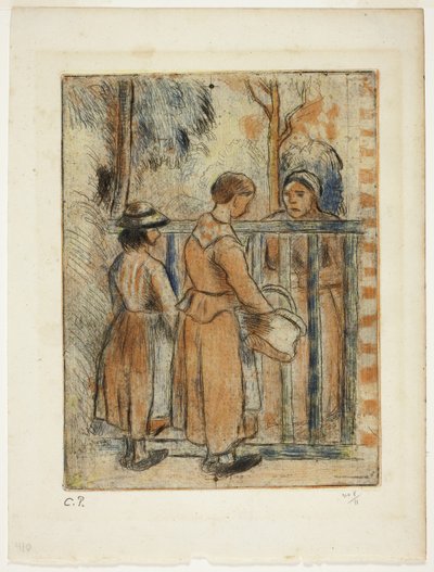 Tiggerkvinner, ca. 1894 (fargetsning, tørrnål og akvatint på elfenbenspapir) av Camille Pissarro