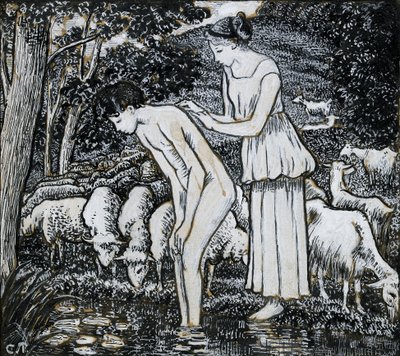 Chloë vasker Daphnis ved en bekk, komposisjonsstudie for en illustrasjon, c1895 av Camille Pissarro