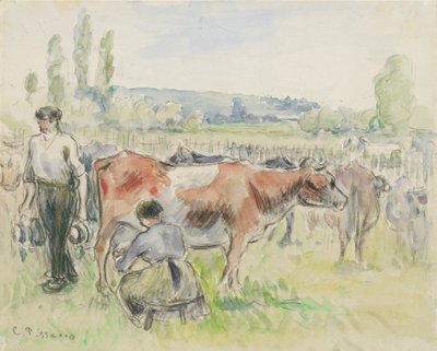 Komposisjonsstudie av en melkescene i Eragny-sur-Epte, 1884 av Camille Pissarro