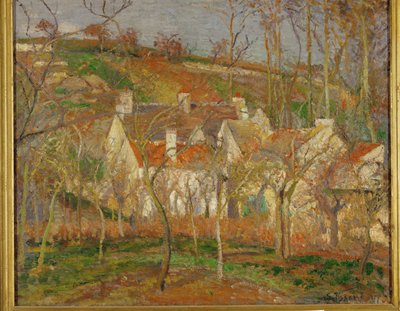 Røde tak, landsbyhjørne, vintereffekt (olje på lerret) av Camille Pissarro
