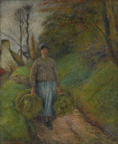 Bondekvinne som bærer to bunter med høy av Camille Pissarro