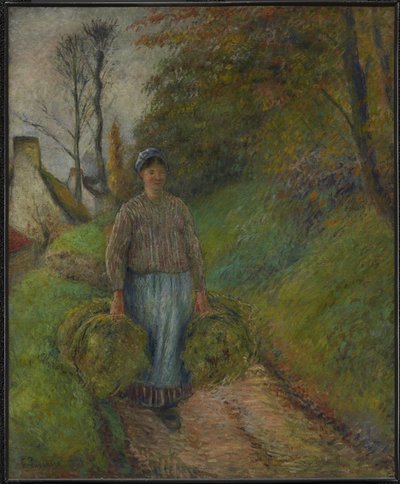 Bondekvinne som bærer to bunter med høy Rediger dette på Wikidata av Camille Pissarro