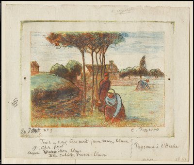 Bondekvinner som luker gresset, ca. 1894 (radering trykt i blått, rødt, gult og svart på kremfarget papir) av Camille Jacob Pissarro