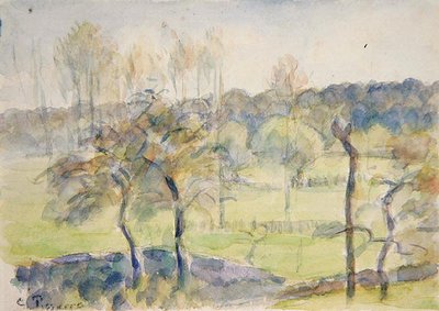 Vår (akvarell over svart kritt på papir) av Camille Pissarro