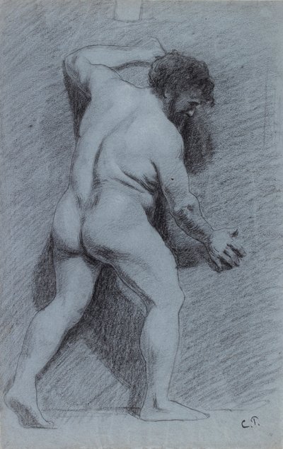 Studie av en naken mann posert mot en vegg sett i profil vendt mot høyre, 1856-1860 av Camille Pissarro