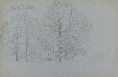 Studie av trær, med en liten studie av en lekter, 1859 av Camille Pissarro